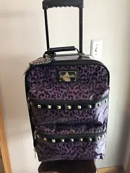 Betsey Johnson Betseyville Rolling Suitcase Travel Bag Purple Leopard Studded. Measures 23” from floor to carrying...