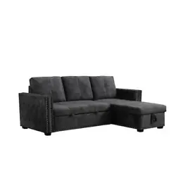 Black Velvet Sleeper Sectional Sofa L-Shape 3 Seater Sectional Couch with Storage. Weight Capacity is 1100lbs. Velvet...