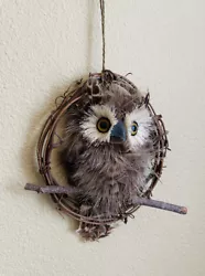 Natural Feather Owl Snowy Owl Wall Hanging Decor Ornament.10” with hanging cord 6” bird