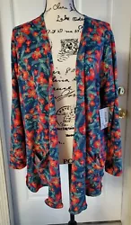 LulaRoe Sarah open cardigan. Blue with red floral print. Front pockets.