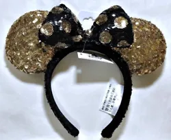 Minnie Mouse Ears with Bow, black and gold polka dot bow, gold sequin ears. Disney Parks. Mouse Ears. Black and Gold....