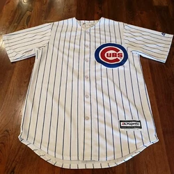 THERE IS A SMALL STAIN BY THE BOTTOM BUTTON. JERSEY HAS BEEN WASHED AND DISINFECTED.