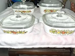 THIS LOT/SET HAS 4 DISHES ALL WITH MATCHING PYREX LIDS. INCLUDED IS THE 4QT LECHALOTE LE SAUGE, THE 10x10x2 LARGE DISH...