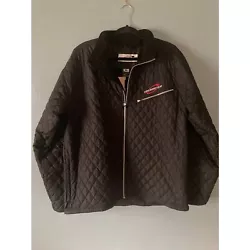 Obermeyer mens black quilted ski jacket with under arm vents and HCHS logo size x-large. measures 24