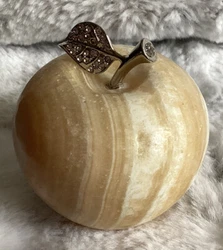 Vintage Marble Apple Paperweight Tan cream Polished Stone Alabaster Silver tone & Crystal studded leaf & stem