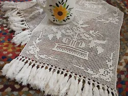 This hand crocheted rustic beauty measures approximately 18 in wide times 52 in Long from end of tassel to end of the...
