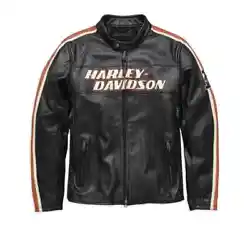 The jacket in the image is a black leather motorcycle jacket with red, white, and orange stripes. It has a...