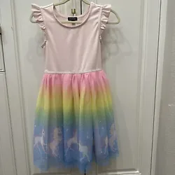 Zunie Unicorn Dress Girl Size 6 Rainbow Tulle Ruffle. Condition is Pre-owned. Shipped with USPS Ground Advantage.