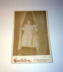 Antique Cabinet Photo Adorable Child Standing on Chair! Holding Lace Curtains! Oddly standing on a chair and holding...