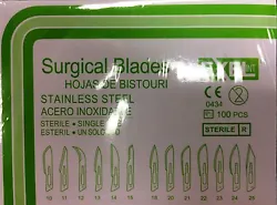 EXEL STERILE Disposable SURGICAL SCALPELS. Sterilized by GAMMA radiation 2.5m-RADS. A Vapor Corrosion Inhibitor (VCI)....