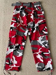 Nathan Cargo Pants. Color: Red/White/Gray Camouflage. The pants are classic cargo pants with flap cargo pockets.