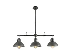 3-Light Dome Island Chandelier Linear Barn Pendant Rustic Brushed Gray Shades.