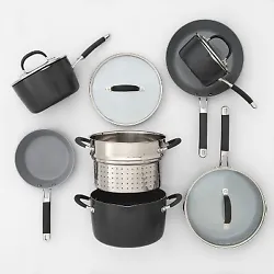 • 11pc cookware set has all your pots and pans essentials • Includes 2 skillets (8in/10in), 2 covered saucepans...