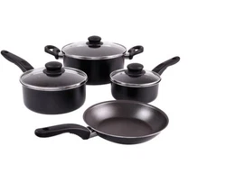 Mainstays 7 Piece Aluminum Nonstick Dishwasher Safe Cookware Set, Black. Cookware Set includes 1 qt. saucepan with lid,...