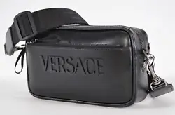 New with Tags Black Calf Leather Raised Injected Rubber Versace Logo Exterior Front Zip Pocket with Greca Zip Pull Full...