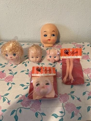 Lot of Vintage Doll Heads, Faces, & Masks, Most New/Sealed, Doll Making. Two shell faces, one pig head, one infant head...
