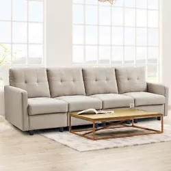 This couch is made from engineered wood and stands on black block legs. It’s upholstered in neutral-colored...