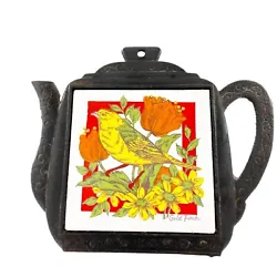 Vintage Ceramic Cast Iron Goldfinch Bird Hot Plate Trivet 8” Japan Poppies MCM.