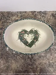 Vintage Ceramic Oval Baking Dish Green Heart Pink Flower Wreath. Cosmetic wear as shown in photos. Great addition to...