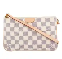 Damier Azur coated canvas and natural cowhide leather. Strap:Removable, adjustable. Natural cowhide-leather trim....