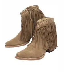 JB Dillon Fringe Ankle Booties. Fringe at the top of the shaft with embroidered detail. Deep tan leather. Red synthetic...