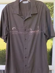 Columbia River Lodge Embroidered Boat Fishing Collar Loop Camp Shirt. Color: Brown - Charcoal / Embroidered.