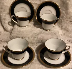 Legacy Noritake China Valhalla 4 Cups & Saucers 2799 Dark Blue And Gold Bands6”round saucers, cup 3.5” round at...