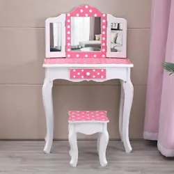 CLASSIC POLKA DOT DESIGN: This beautiful vanity table and stool have a pink and white finish with polka dots for added...