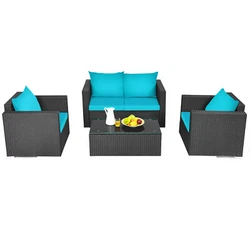 Rattan Color: Black  Cushion Color: Turquoise  Material: rattan, steel, tempered glass, sponge  Size of Single Sofa:...
