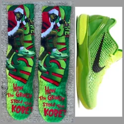 New custom made Kobe Grinch Socks size 6c-12 adults comment your size when purchasing all socks are front and back fast...