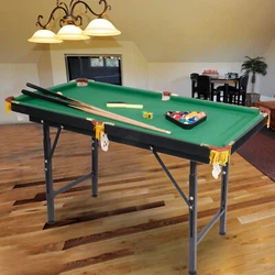 A black plastic triangle rack, 2 pieces powders, 2 pieces cues and a brush for the table cloth are also included. An...