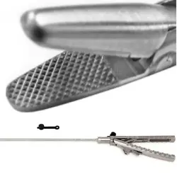 Laparoscopic needle drivers typically comprise a long narrow shaft, with a handle at one end and a set of hinged jaws...