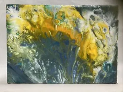 Original Acrylic Pour Painting Blue, Yellow, Teal and White 5 x 7 Wrapped Canvas SignedNew…Excellent condition…One...