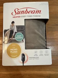 New Sunbeam Heated Cozy Toes Microplush Electric Throw Blanket Tan 50x60.