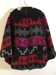 This is a multi-colored, acrylic blend poncho cape. It features two front pockets, a black collar that closes with a...