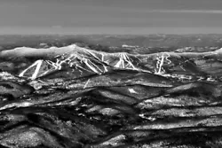Beautiful aerial black and white panoramic photo of the Killington Ski Resort, showing all five peaks: Bear Mountain,...