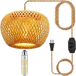 Rattan Pendant Light with Bamboo Design, Complete with Plug-in Cord. The length of the cord is 15Ft. HempRope Cord....