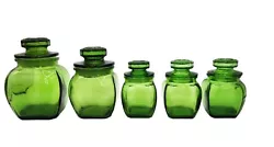 Vintage Wheaton Glass Green Apothecary Jars Set of 5 Sunflower Lids Spice Jar. Vintage lot of 5 Green glass Wheaton...