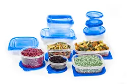 Reusable plastic food container set with lids. Set includes 34 pieces including lids (17 containers and 17 lids). Made...