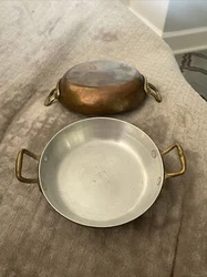 Vintage Pair Of Copper Cooking Sauté Pan Pot 2 Brass Handles Each 7-1/4”.