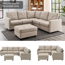 This couch is made from engineered wood and stands on black block legs. It’s upholstered in neutral-colored...