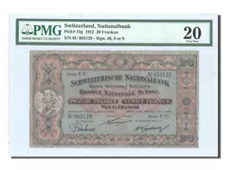 Suisse, 20 Francs type Vreneli, 1 juillet 1922, alphabet 6U, sans épinglage, billet rare, gradé par PMG Very Fine 20,...