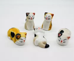 Lot of 5 Porcelain Lucky Japanese Cat Chopsticks Holders or figurines. Perfect condition.