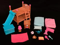 (1) 1 Bunk Bed. (1) Bunk bed ladder. (1) Nightstand for bunk bed. (1) Blue comb. (1) Pink comb. (1) Blue pillow with...
