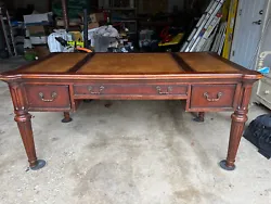 Antique writing desk with leather top, made by Century Furniture. Two side drawers are 5 3/4