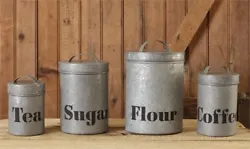 Hi! Welcome to Weaim2pleez.  Here is a set of 4 Galvanized Iron Kitchen Canisters.   Includes set of 4 canisters. ...