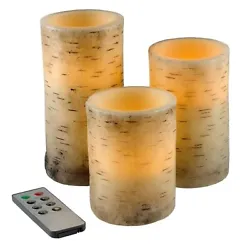 3 Piece Real Wax LED Flameless Candle Set with Remote and Timer Birch Bark.