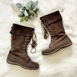 LL Bean Tall Brown Suede Mocassin Boots Size 7 Fringe Lace Up Boho Winter. Great condition! Ll bean tall moccasin boots...