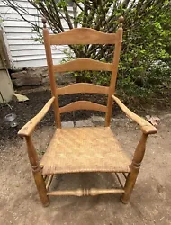 18th Century Ladder Back Arm Chair. Wonderful patina with traces of old yellow paint. Repairs and wear commensurate...