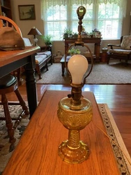 Antique Feather Duster Chevron Amber Electrified Oil Lamp is made of pressed glass and can easily be turned back into...